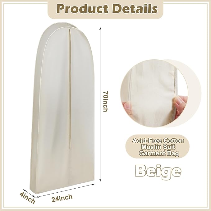 70 Inch Acid Free Cotton Muslin Suit Garment Bag Long Dress Suit Storage Box Closet Organizer for Suits, Coats, Travel Bag