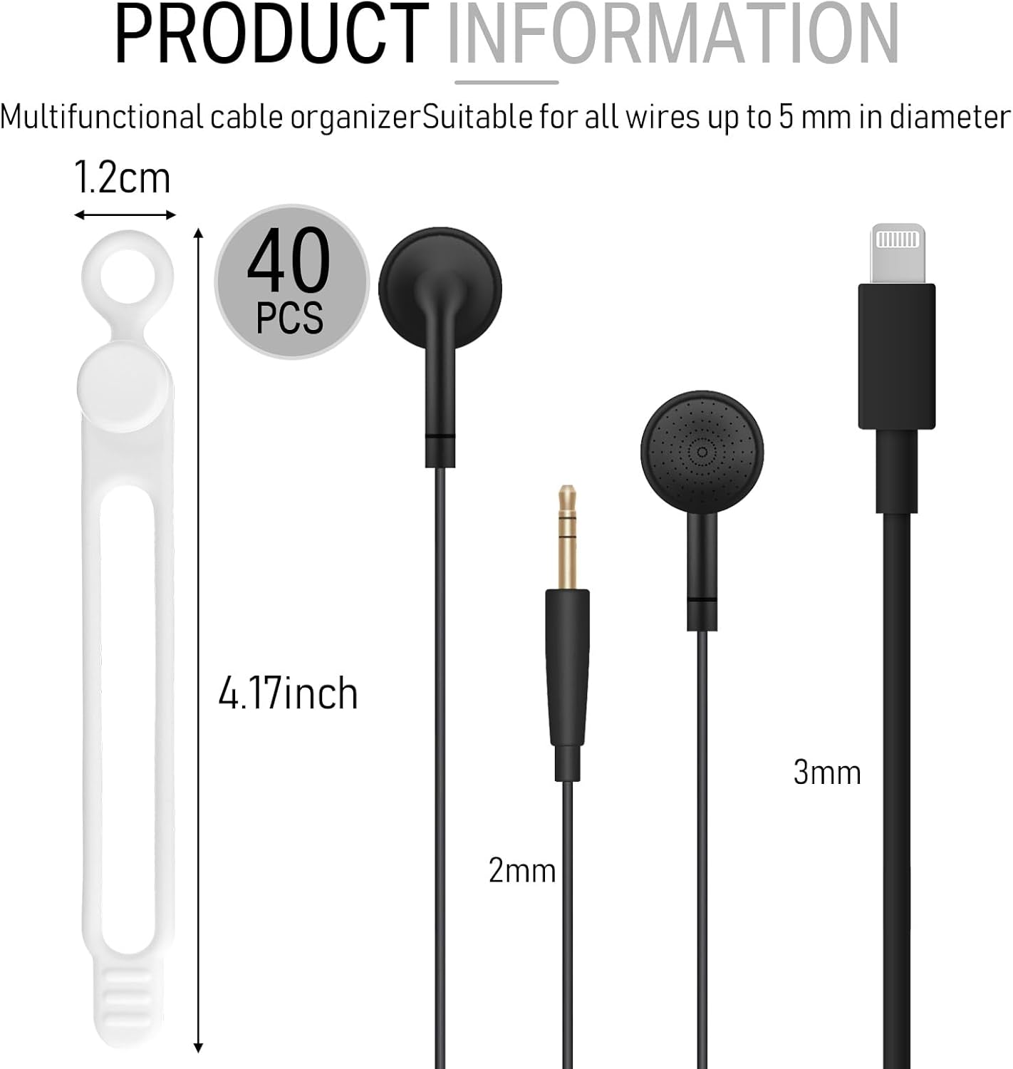 Nuanchu 40 Pcs Silicone Cable Ties Reusable Holder Adjustable Straps Multipurpose Charging Cable Organizer for Fastening Charging Cords Wires(4.17 Inch,White, Gray)