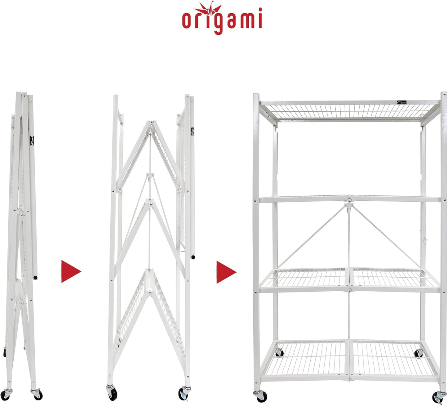 Origami 3-Pack R5 Storage Rack, 4-Tier Heavy-Duty Foldable Steel Shelf with Wheels, White