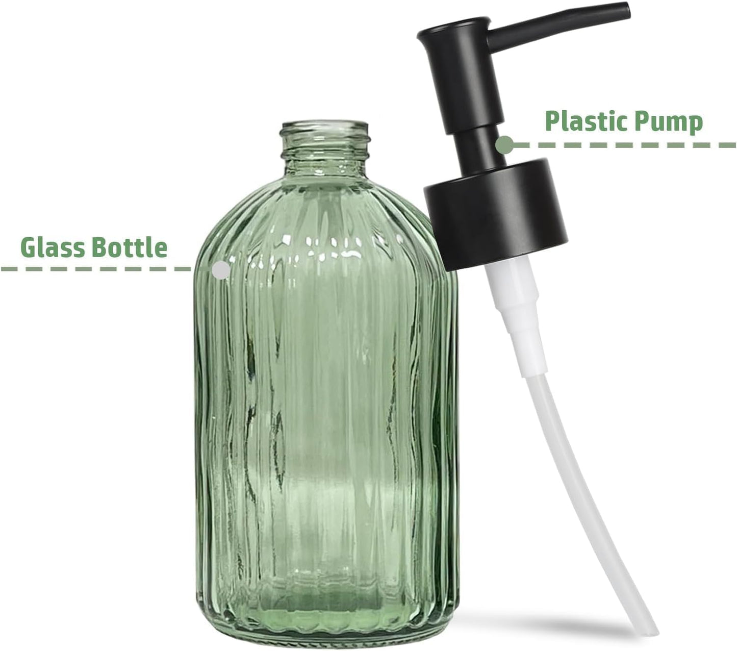 14 Oz Black Pump Glass Soap Dispenser, Green Stripe Countertop Refillable Liquid Bottle Hand Dish Lotion Dispenser with Plastic Pump, for Kitchen, Bathroom, 2 Pack