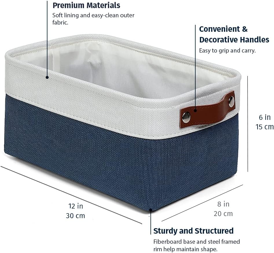 OrganiHaus Small Fabric Storage Baskets for Shelves 3 Pack, 12x08in Closet Storage Bins for Shelves, Canvas Baskets for Organizing, Linen Closet Organizers, Cloth Basket, Navy Blue/Off-White