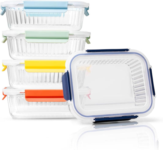 5-Pack 36 oz Sculpted Glass Food Storage Containers with Lids - Borosilicate Glass Meal Prep Container - Airtight, Leak-Proof Food Prep Containers, Microwave, Freezer, Oven Safe & BPA Free