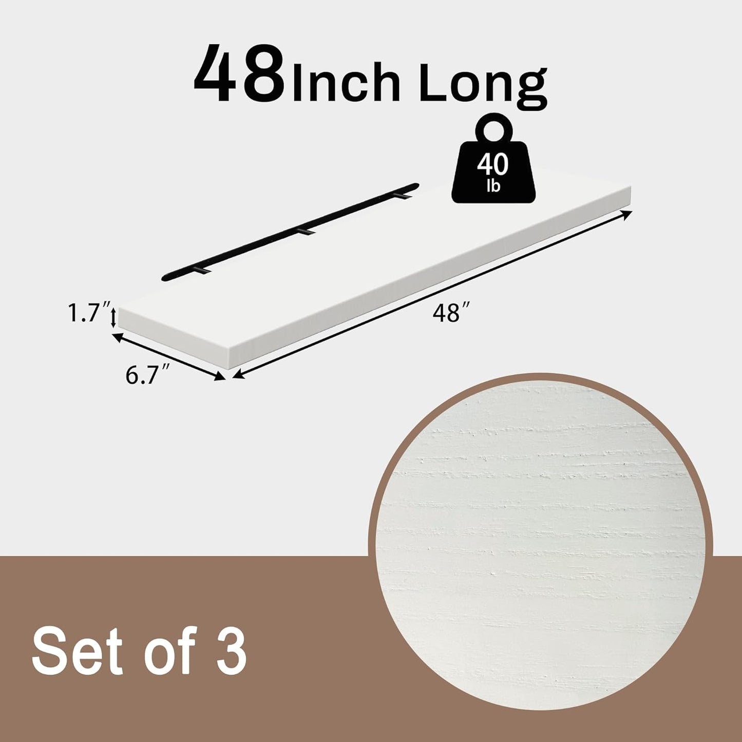 Floating Shelves for Wall, 48 Inch Extra Long White Wall Shelves, Set of 3, Hanging Invisible Brackets Floating Shelves for Living Room,Bedroom,and Kitchen