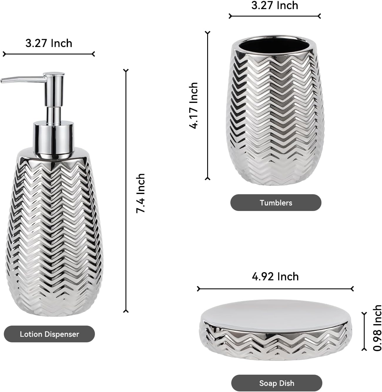 Silver Bathroom Accessories Set 3 Piece, Soap Dispenser, Toothbrush Holder and Soap Dish, Wave Design Stylish Elegant Ceramic Bathroom Decor