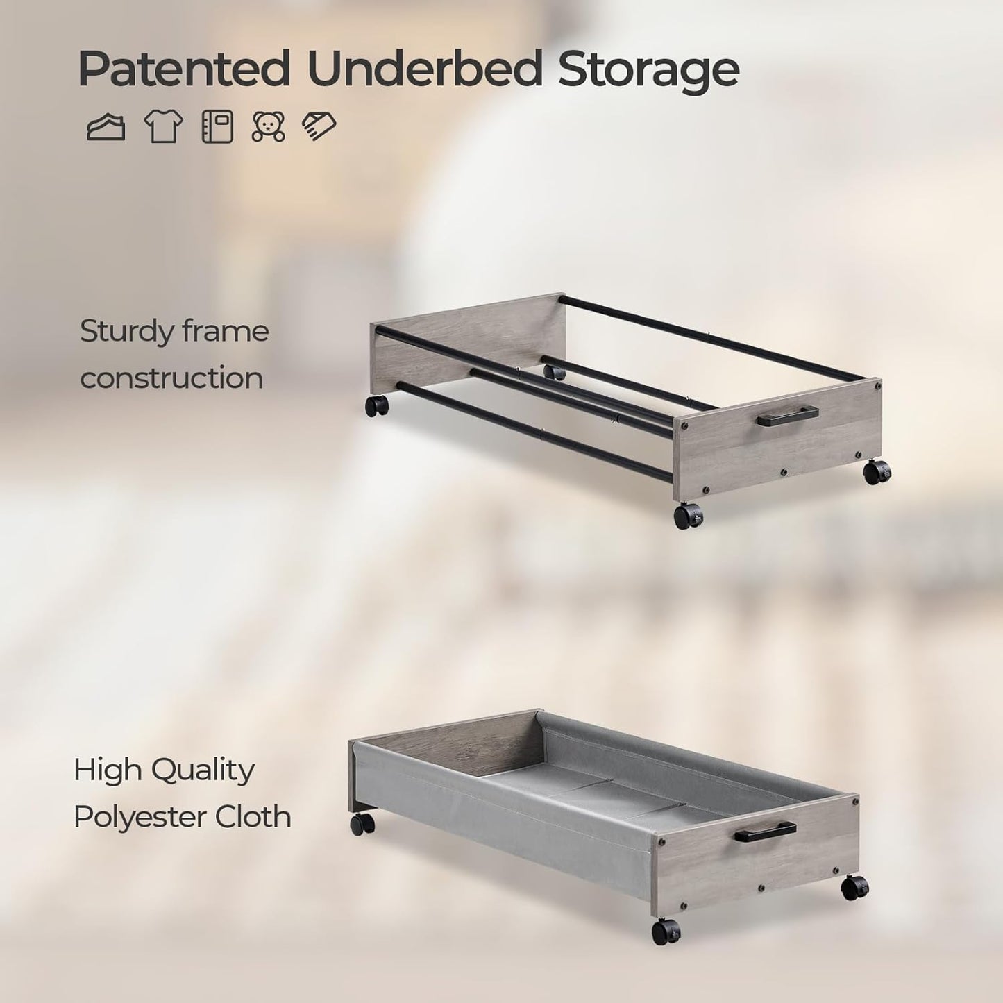 Under Bed Storage with Wheels, Wooden Under Bed Drawers On Wheels, Rolling Under Bed Shoe Storage, Space Saving,Grey,50L