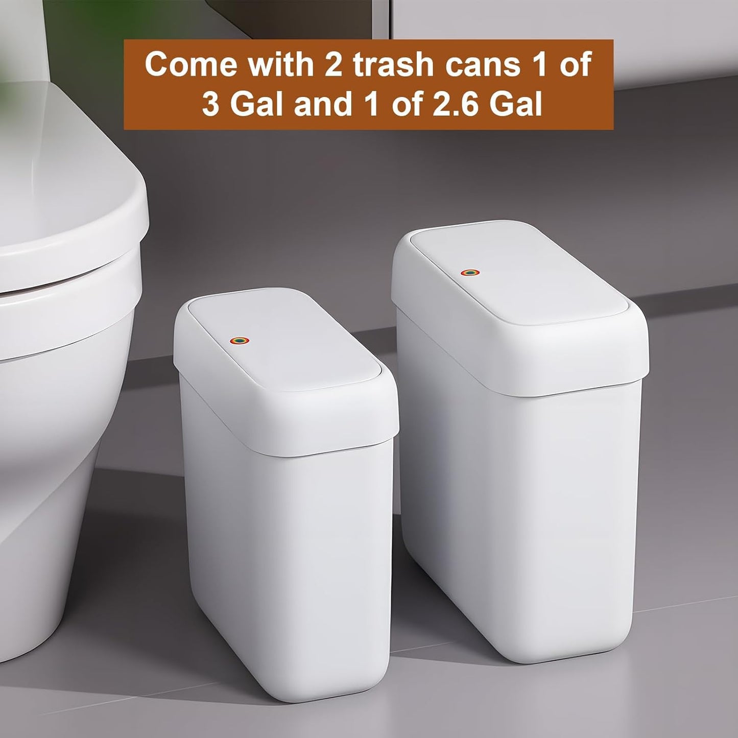 funest 2 Pack Bathroom Trash Can with Lid, 3 Gal/12 L & 2.7 Gal/10L Garbage Can with Pop-Up Lid, Small Spaces Plastic Trash Can, Slim Trash Bin Waste Basket for Bathroom,Rv, Office, White