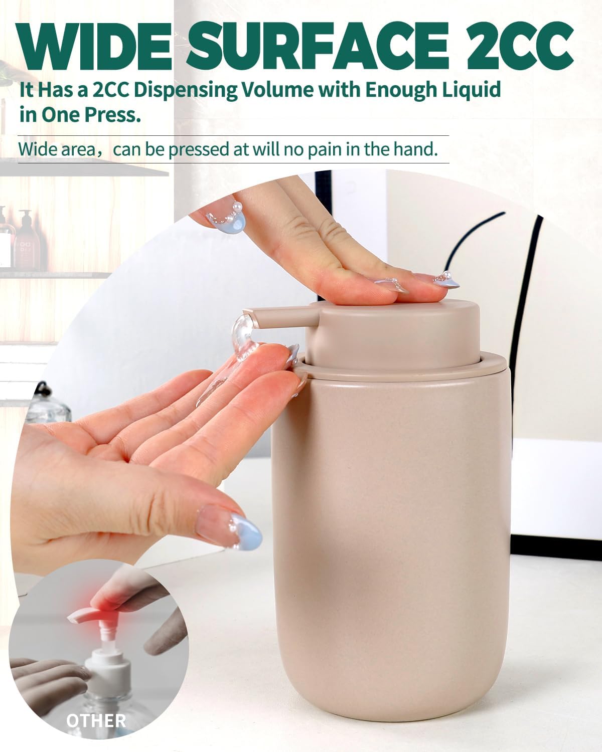 BosilunLife Lotion Pump Dispenser - Matte Khaki Soap Dispenser Bathroom Ceramic Dish Liquid Soap Dispenser for Kitchen, Bathroom Countertop Soap Dispensers (Khaki, Liquid Pump)