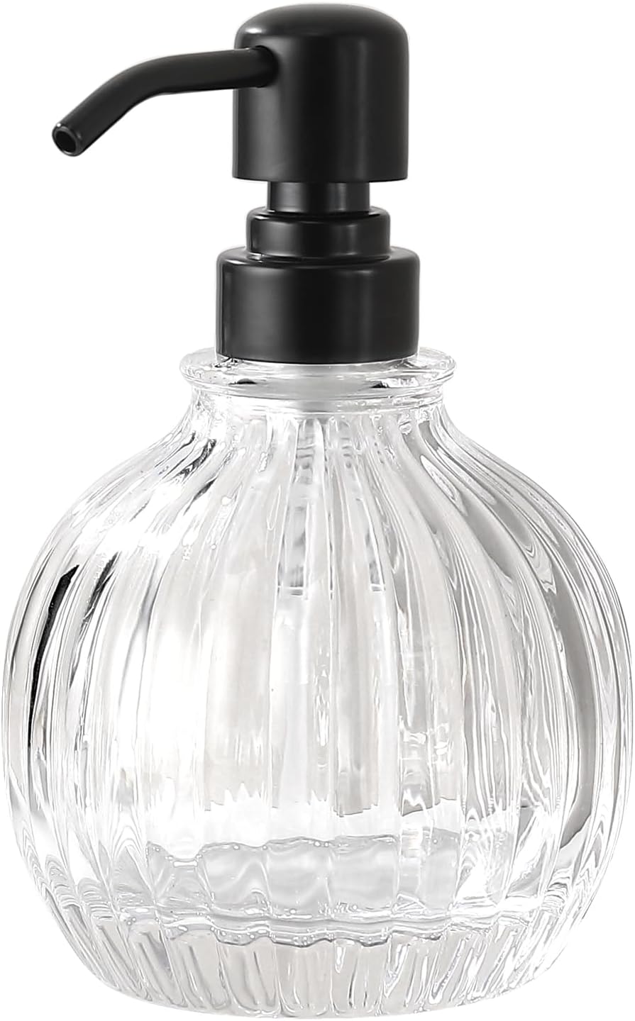 Round Soap Dispenser Bathroom with Black Pump, Glass Pump Bottle with Stainless Steel Pump Liquid Sphere Soap Dispenser Circular Countertop Kitchen