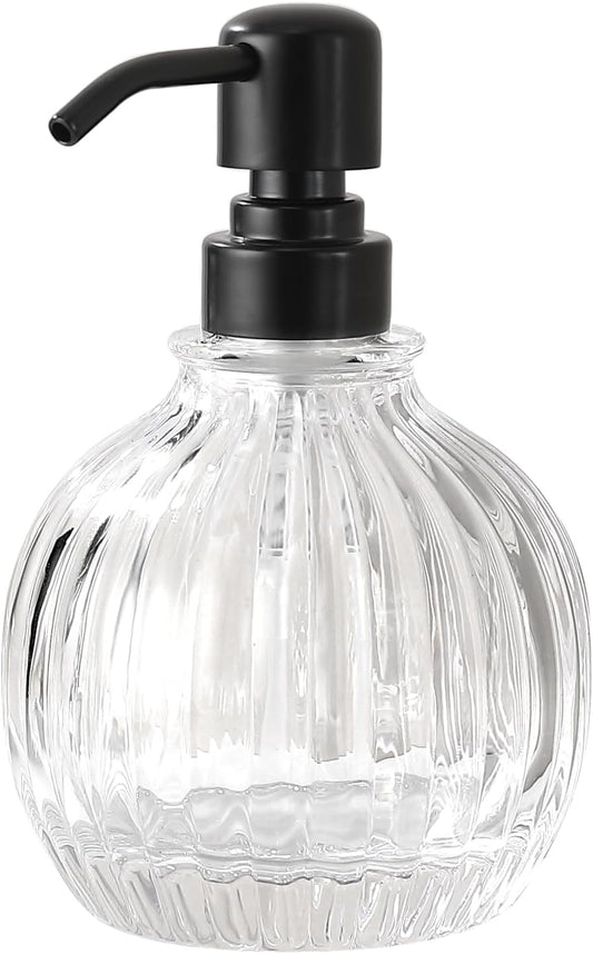 Round Soap Dispenser Bathroom with Black Pump, Glass Pump Bottle with Stainless Steel Pump Liquid Sphere Soap Dispenser Circular Countertop Kitchen