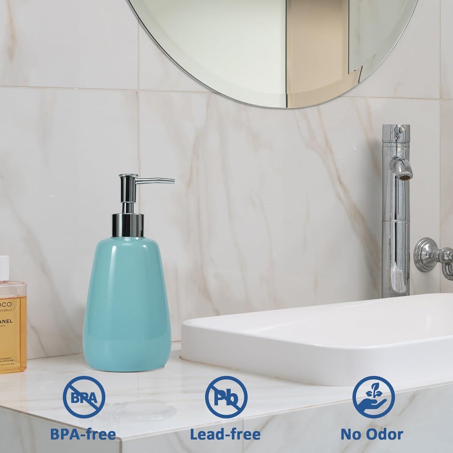 Cyan Hand Soap Dispenser Ceramics Bottles with Elegant Pump Top Bathroom Empty Shampoo Bottles 10oz/300ml