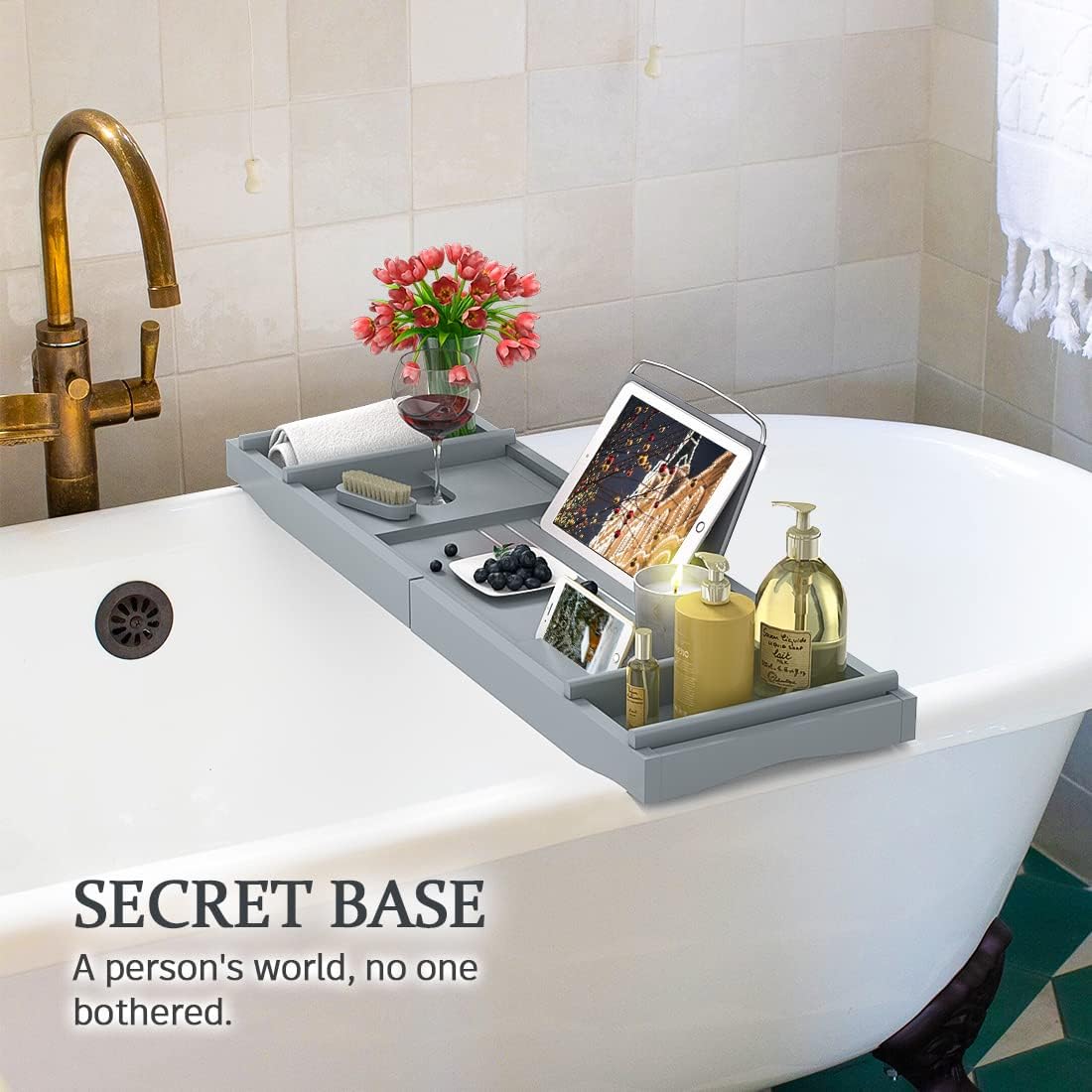 Bath Caddy Tray for Bathtub - Bamboo Adjustable Organizer Tray for Bathroom with Soap Dish Suitable for Luxury Spa or Reading(Bluish Grey)