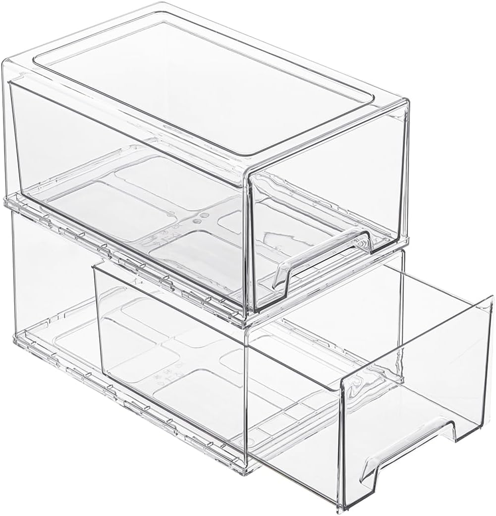 PeJeyiee 2 Pack Stackable Pull-Out Storage Drawers，Plastic Clear Organizer Bins with Handles，Easily Clean for Craft, and Toy Organization，Kitchen Undersink，Cabinet，Fridge，Closet，Pantry，Office，Bathroom