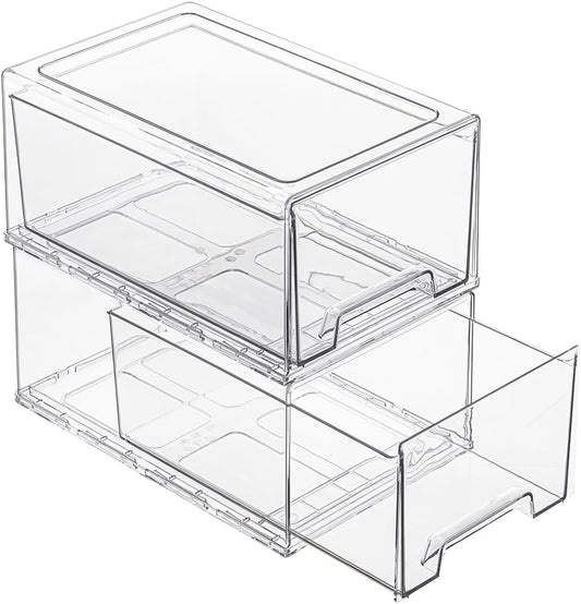 PeJeyiee 2 Pack Stackable Pull-Out Storage Drawers，Plastic Clear Organizer Bins with Handles，Easily Clean for Craft, and Toy Organization，Kitchen Undersink，Cabinet，Fridge，Closet，Pantry，Office，Bathroom
