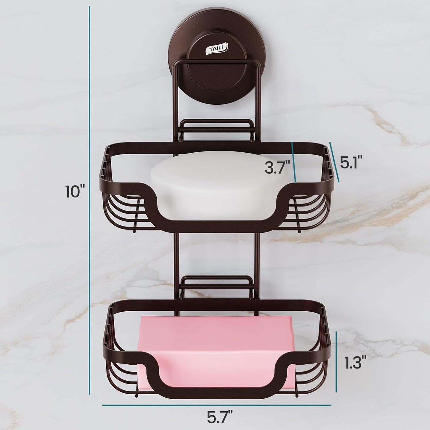 TAILI Double Layer Soap Holder, Bar Soap Dish Suction Cup for Shower Wall, Draining Saver Tray for Bathroom, Rustproof Stainless Steel Sponge Holder for Tub, Kitchen, Drill-Free, Brown