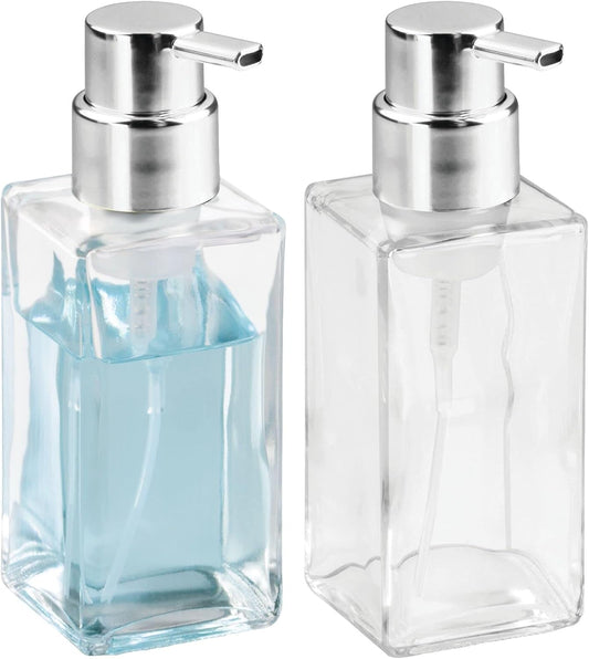 mDesign Glass Refillable Foaming Hand Soap Dispenser Modern Square Pump Bottle for Bathroom Vanities or Kitchen Sink, Countertops - 2 Pack - Clear/Chrome
