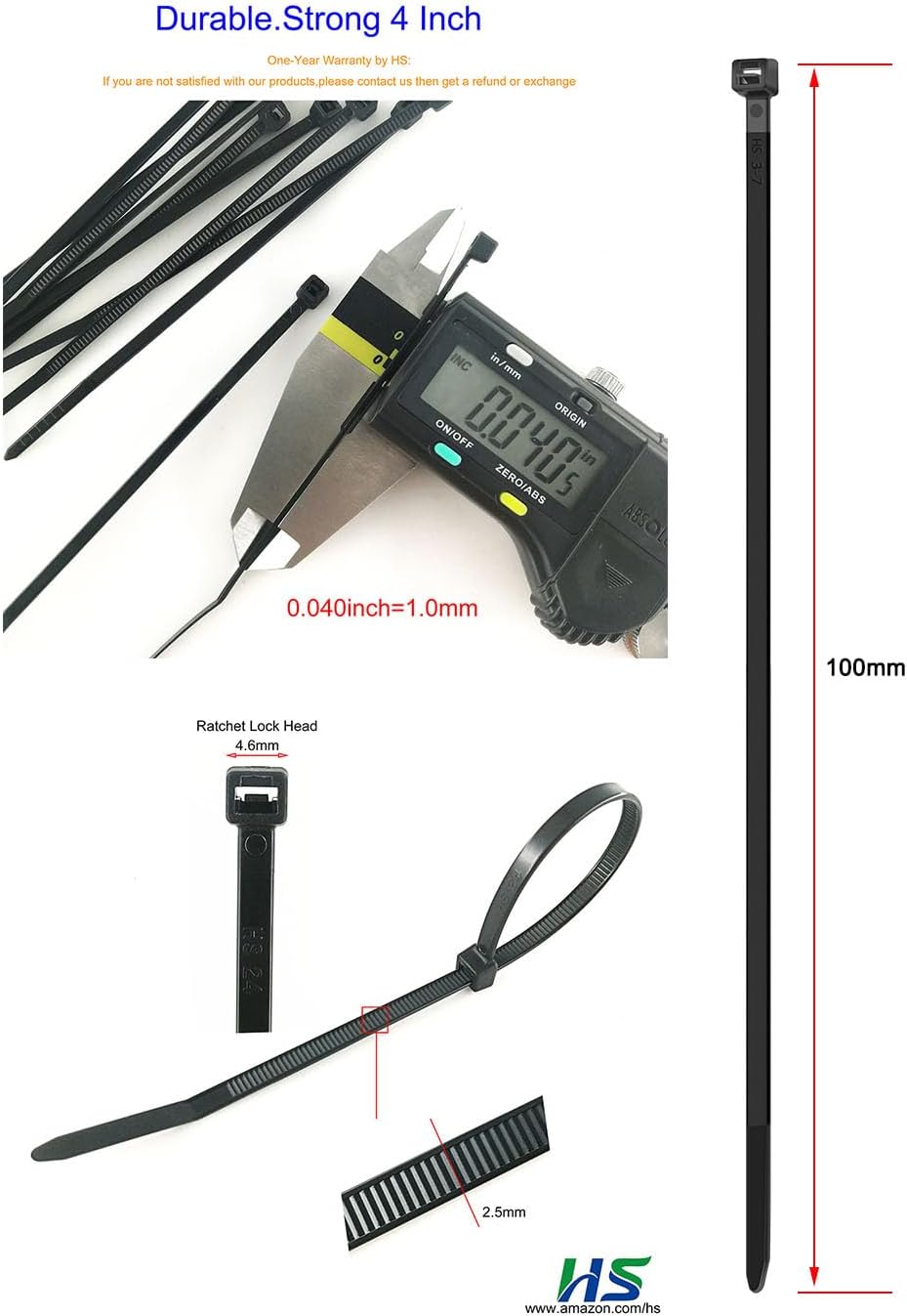 HS Durable Plastic Zip Ties 4 Inch 200 Pack Small Tie Wraps Thin 18 Lbs Self-Locking Nylon Cable Ties for Electronics Organizer, Tiny Wire Tie Black