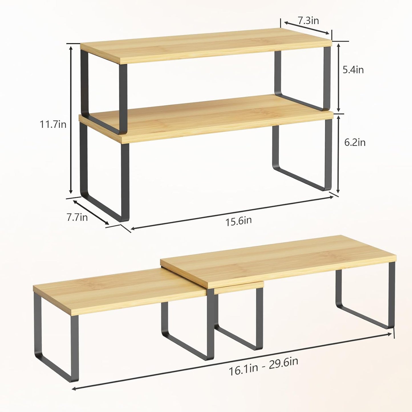 NEX Kitchen Cabinet and Counter Shelf Organizer, Stackable & Expandable, Set of 4, Black and Natural - 7.7 x 15.6 x 6.2''