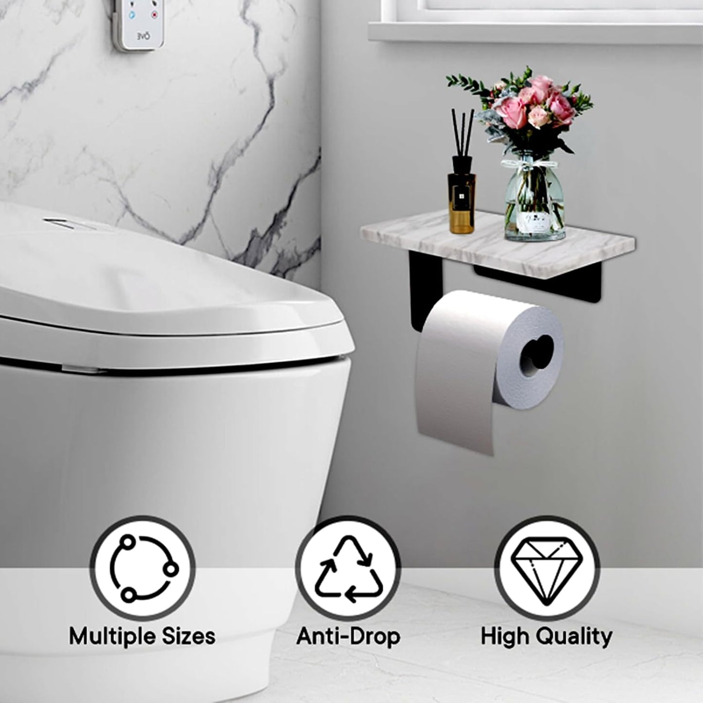 Toilet Paper Holder with Natural Marble Shelf for Bathroom Washroom,Wall Mounted Tissue Holder Suitable for Mega Rol(Middle 7.87 * 4.72 in, Matte Black)