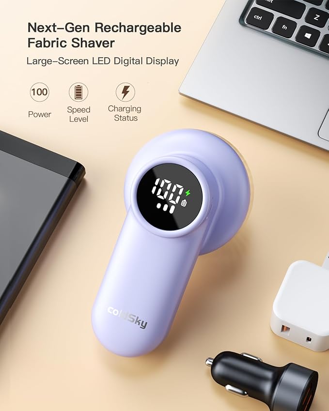 coldSky Rechargeable Fabric Shaver, Lint Shaver with Digital Display, Sweater Shaver with 6-Leaf Blades and Safety Lock, 3-Speeds Defuzzer Remove Fuzz, Pills from Clothes, Furniture, Blanket Purple