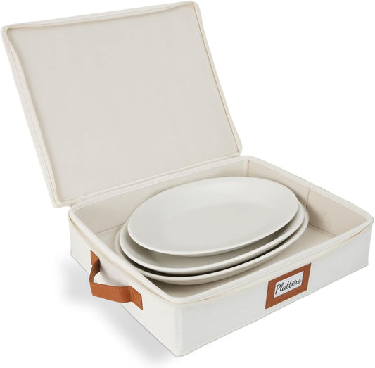 HOMELUX THEORY Platter Storage, Ivory Hard Shell China Storage Containers With 5 FeltPads, Kitchen Storage Bins With Lids, Heavy Duty Moving Box for Packing Dishes, Dinner Plate,& Dinnerware