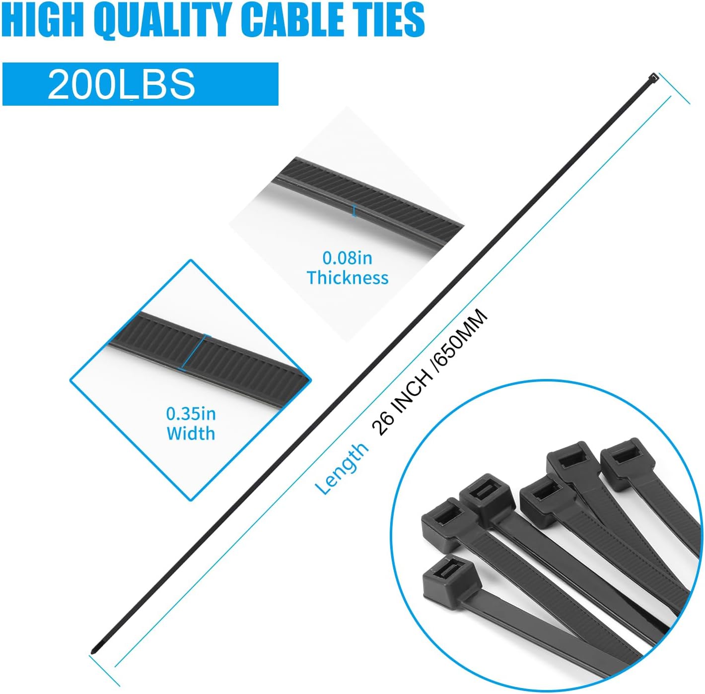 26 inch Black Zip Ties Heavy Duty 60 PCS, 200 LBS Ultra Exclusive Strong Plastic Wire Ties, Large Cable Ties Extra Long Tie Wraps, Indoor and Outdoor UV Resistant