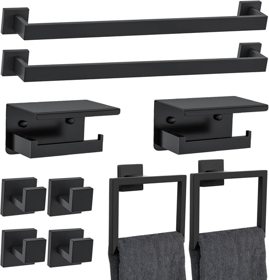 10 Pieces Black Towel Bar Set Bathroom Hardware Accessories Set Upgraded Toilet Paper Holder with Shelf Towel Holder Set for Bathroom Stainless Steel Wall Mounted 23.6in