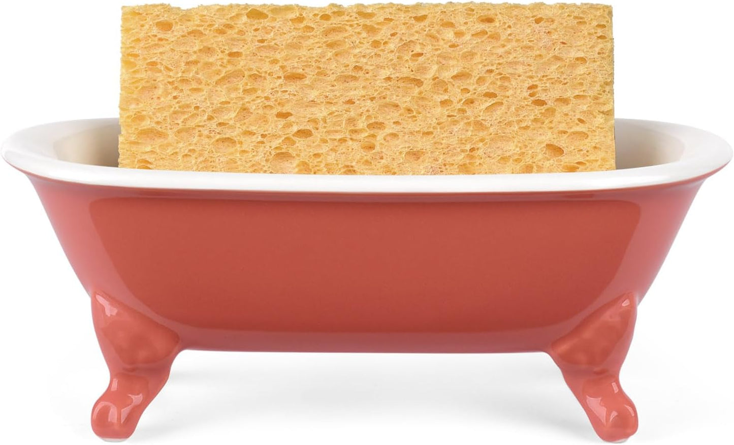6.5" Ceramic Mini Decorative Clawfoot Bathtub Bar Soap Dish, Kitchen Sponge Holder and Shower Tray for Bathroom, 1 Pack(Coral)