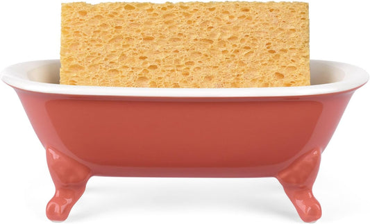 6.5" Ceramic Mini Decorative Clawfoot Bathtub Bar Soap Dish, Kitchen Sponge Holder and Shower Tray for Bathroom, 1 Pack(Coral)