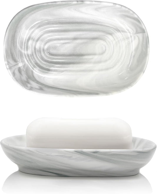 Elegant Ceramic Soap Dish for Shower with Unique Marble Texture, Decorative Bar Soap Holder for Bathroom & Kitchen, Easy Clean Versatile Oval Soap Dishes for Soap Bar