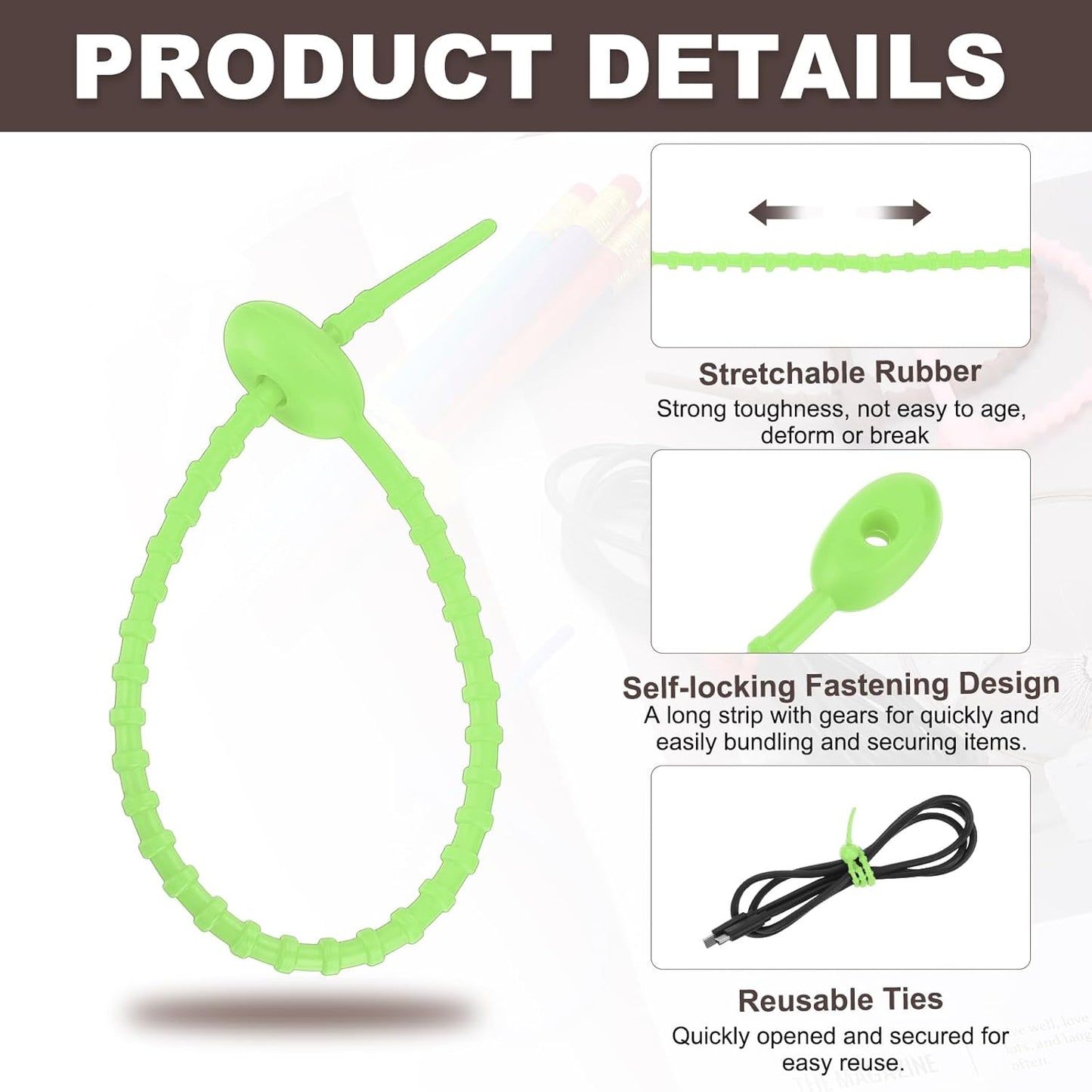 uxcell 20 Pcs Silicone Ties Bag Clip, 8.5 Inch Multi Purpose Silicone Zip Ties Reusable Rubber Zip Tie, Cable Strap Cord Organizer for Home Office Food Bag Wires Cables, Light Green