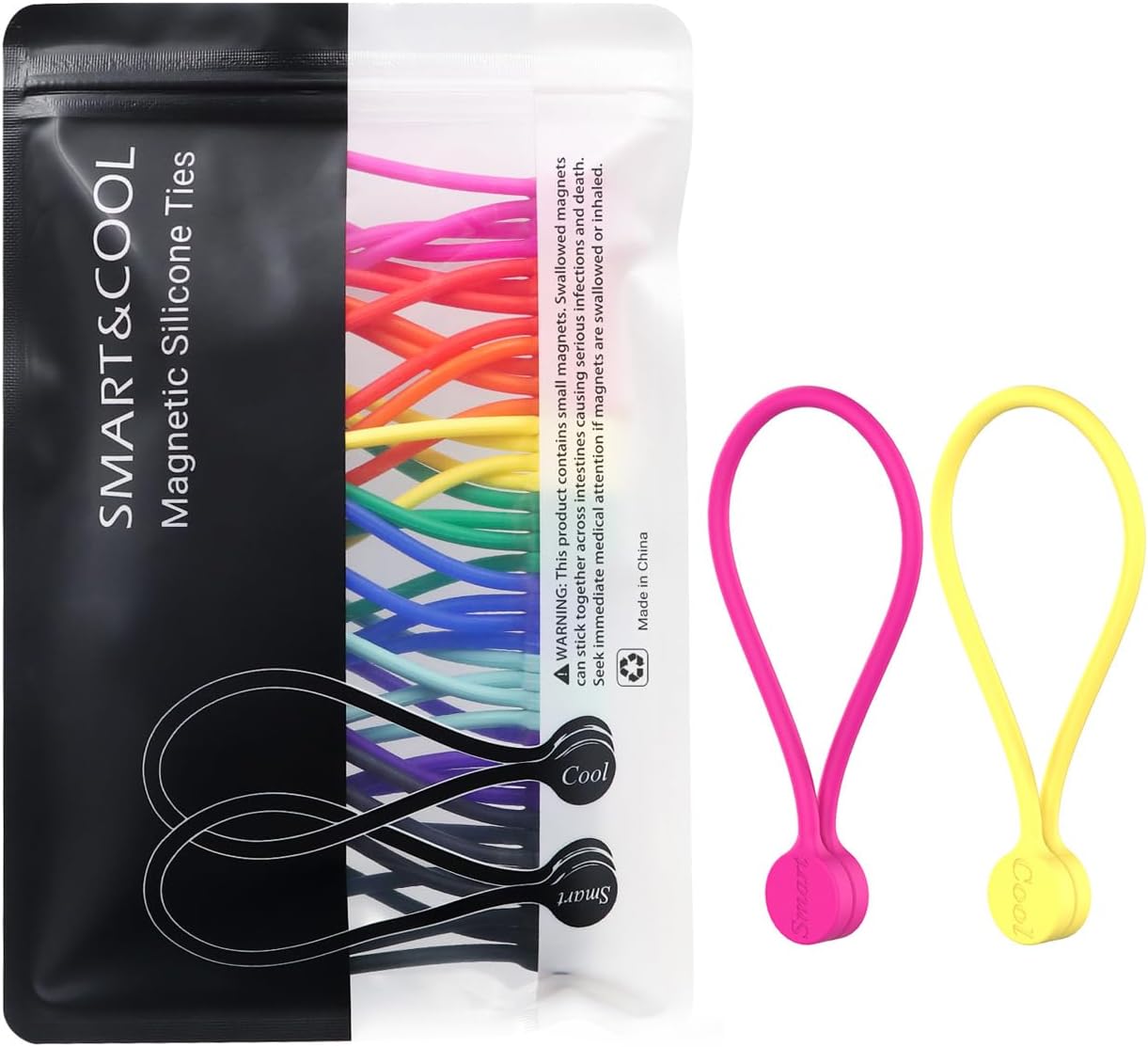 SMART&COOL Reusable Silicone Magnetic Cable Ties for Bundling and Organizing, Holding Stuff, Book Markers, Fridge Magnets, Assorted Color, 7.16'' (20-Pack, Multi)