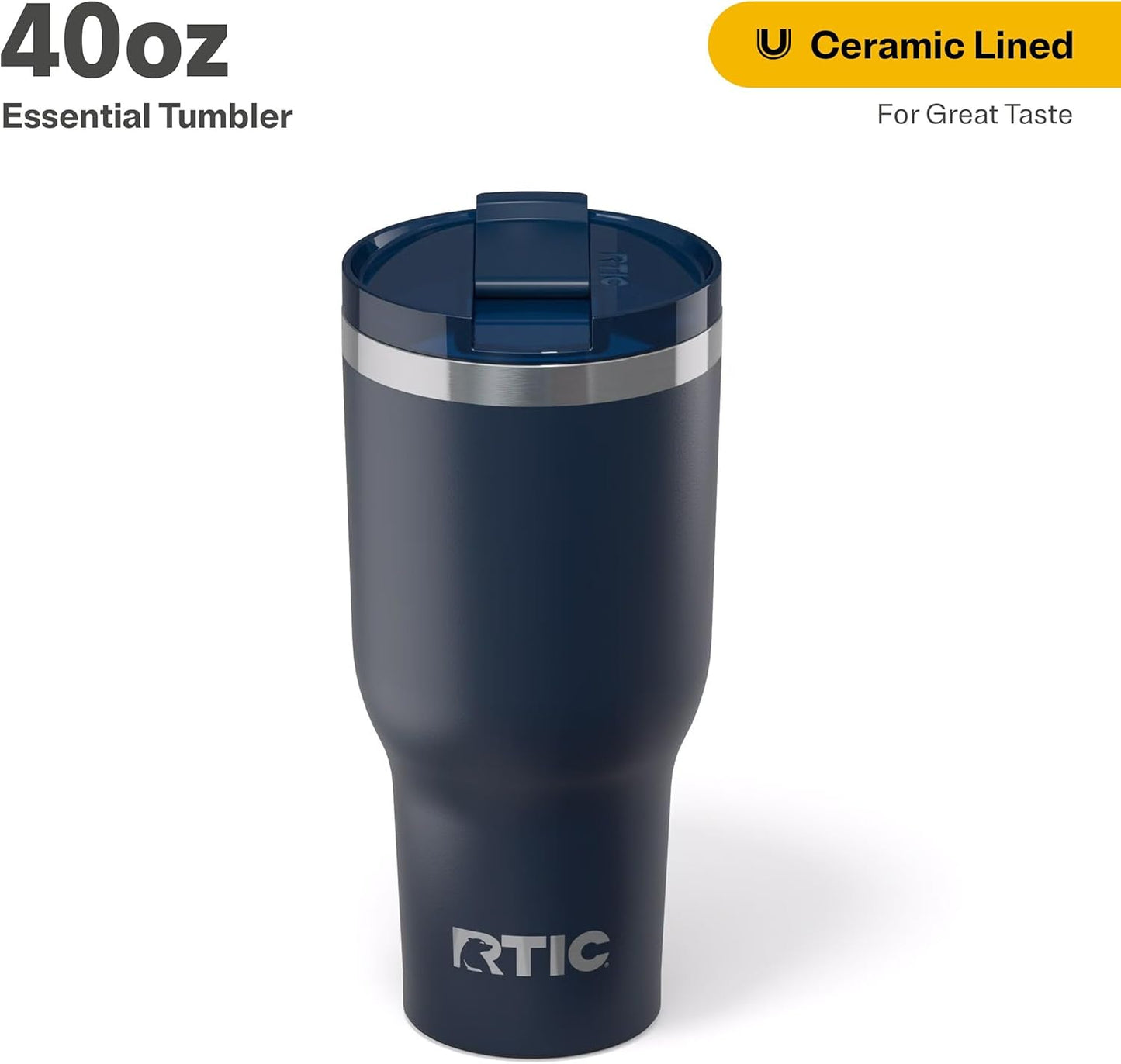 RTIC 40oz Essential Tumbler with Lid, Ceramic Lined, Insulated, Stainless Steel, Metal, Double Wall Vacuum-Insulation, Travel Cup for Iced Coffee, Tea, Hot and Cold Drink, Navy