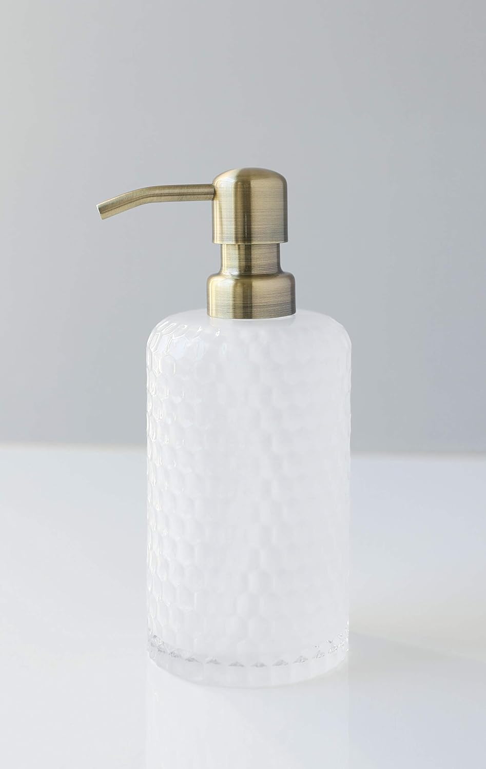 Rail19 Frosted Milk + Honey Glass Soap Dispenser | Vintage-Inspired Modern Refillable Soap & Lotion Pump Bottle for Bathroom Vanity Countertop and Kitchen, 12oz (Farmhouse Brass)