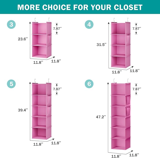 YOUDENOVA Hanging Closet Organizer, 5-Shelf Closet Hanging Storage Shelves, Light Pink