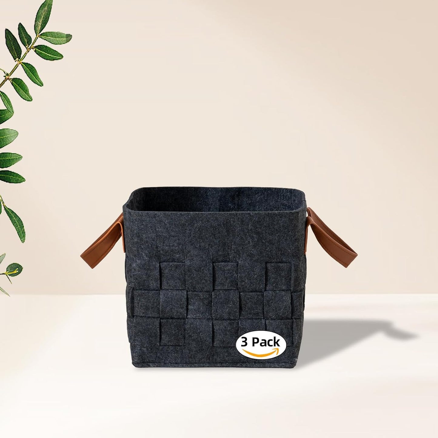 Bold monkey Storage Basket 3 Pack, Medium 10" x10" x10 " Baskets for Shelves with Leather Handle, Cube Felt Fabric Storage Box for Bedroom, Nursery, Living Room - Dark grey