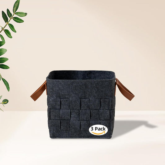 Bold monkey Storage Basket 3 Pack, Medium 10" x10" x10 " Baskets for Shelves with Leather Handle, Cube Felt Fabric Storage Box for Bedroom, Nursery, Living Room - Dark grey