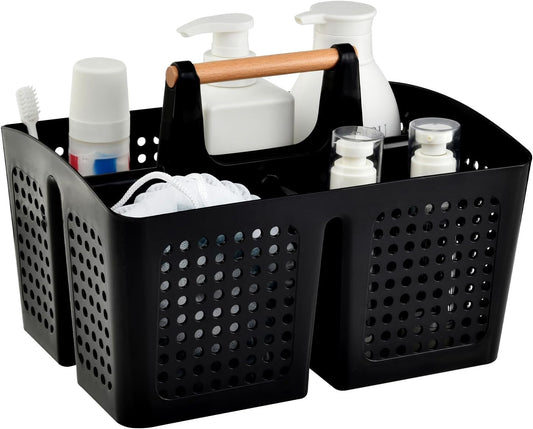 Portable Shower Caddy Basket with Compartments, Plastic Divided Cleaning Caddy Organizer Storage Tote with Handle for Bathroom, College, Dorm Room Essentials, Black