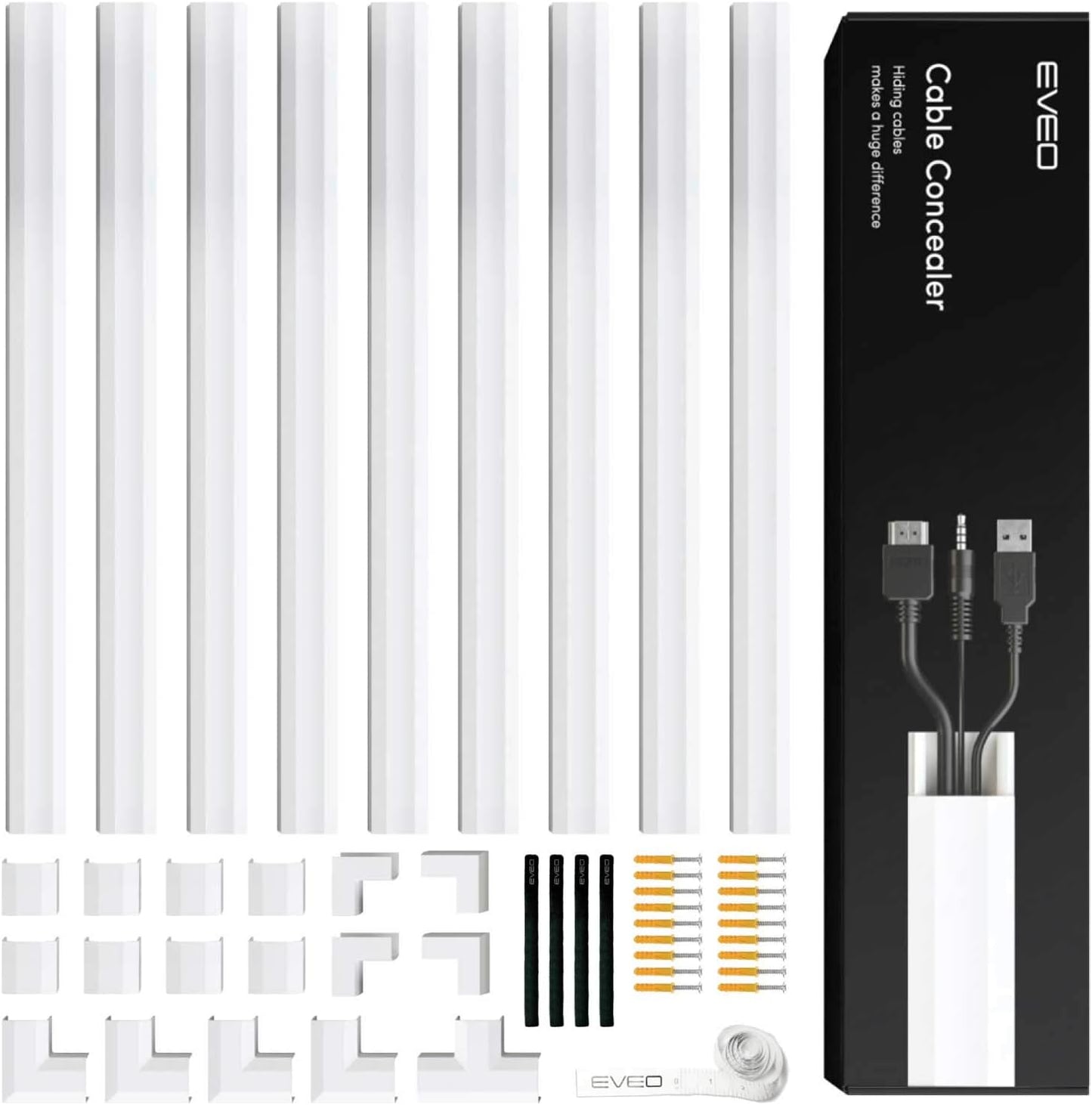 Cord Covers for Wires on Wall - 153in Cable Management Cable Hider - Cord Hiders for TV On Wall - Paintable Cable Concealer - Wire Covers for Cords - 9X (L17 x W0.95 x H0.5) - White