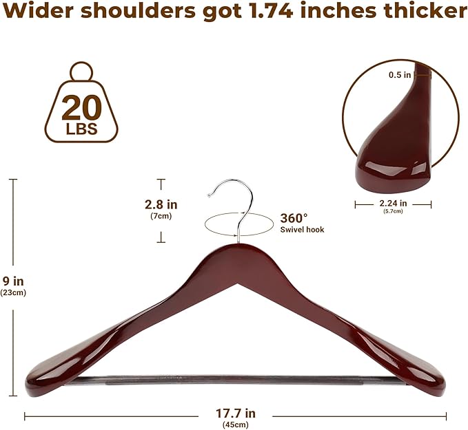 Coat Hanger 8-Pack, MEQUTION Wood Hangers Trouser Hangers Extra Wide Shoulder Wooden Hangers for Heavy Coat, Sweater, Skirt, Suit, Pants, Retro Finish (Cherry)