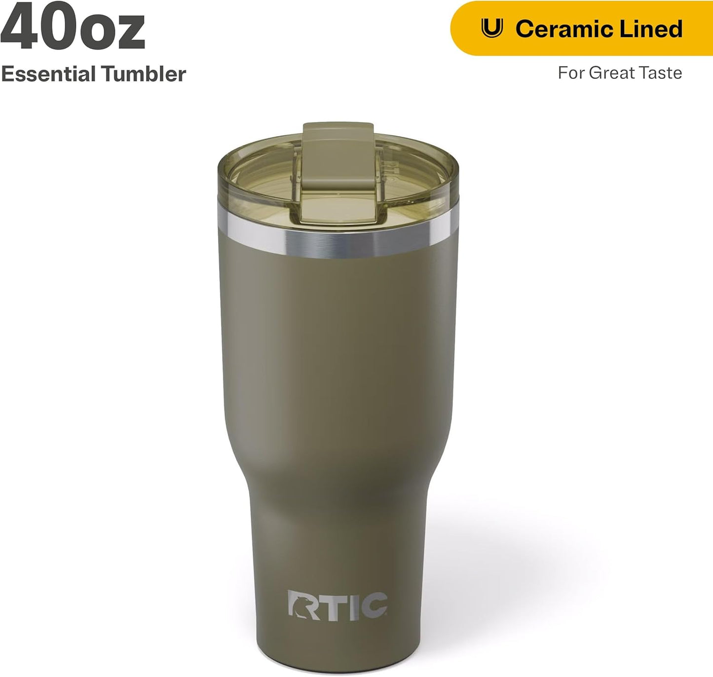RTIC 40oz Essential Tumbler with Lid, Ceramic Lined, Insulated, Stainless Steel, Metal, Double Wall Vacuum-Insulation, Travel Cup for Iced Coffee, Tea, Hot and Cold Drink, Olive