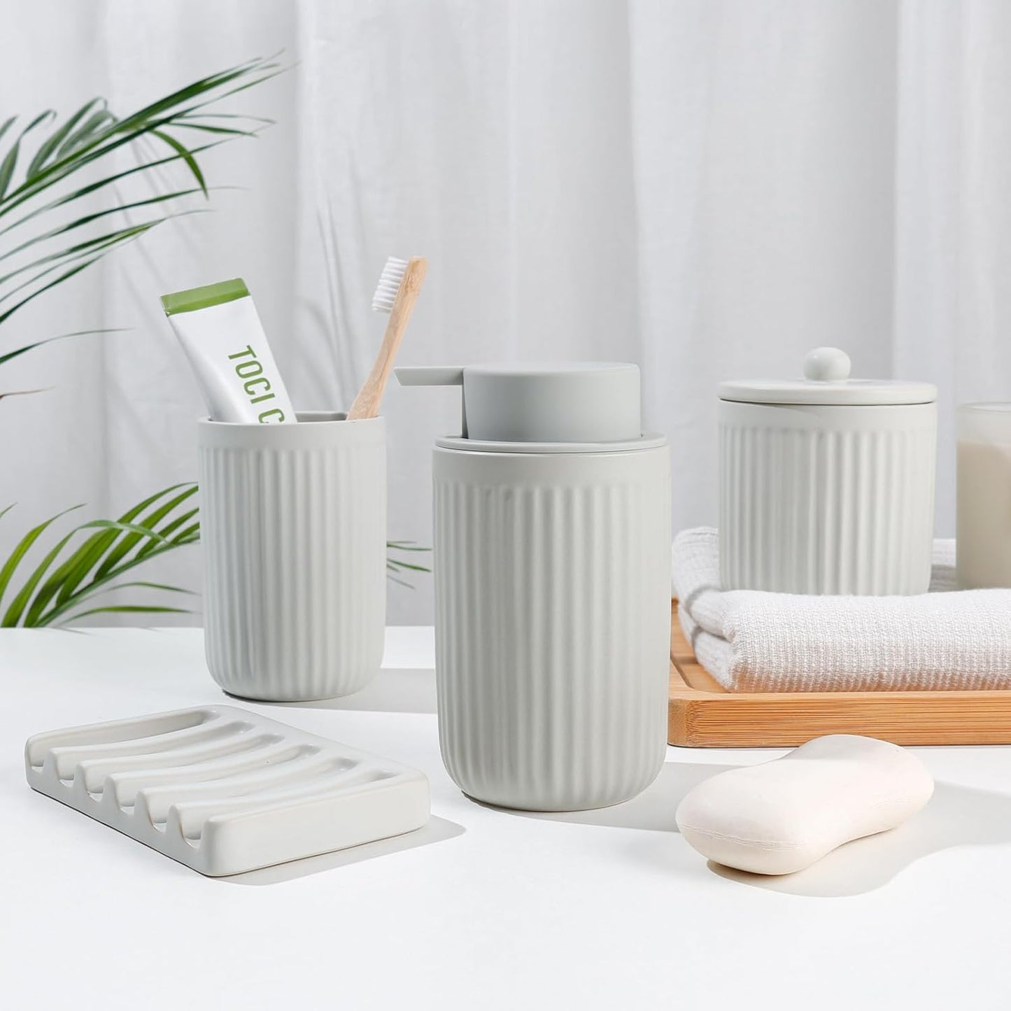 BosilunLife Light Grey Bathroom Accessories Set - Ceramic Bathroom Counter Soap Set Bathroom Decor Sets Accessories Bathroom Foam Soap Dispenser and Toothbrush Holder Set, Soap Dish, Apothecary Jars