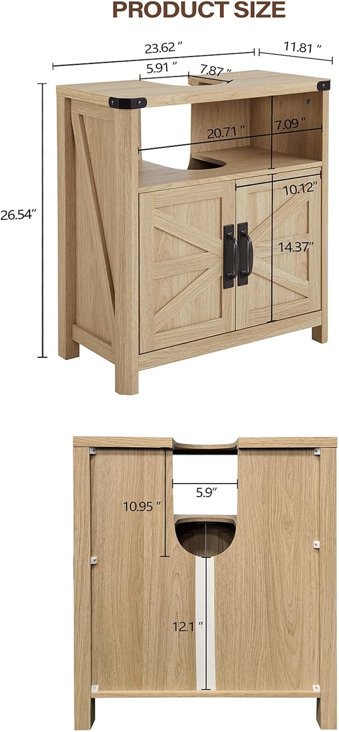 Bathroom Floor Cabinet, Adjustable Shelf, Barn Doors, Farmhouse Bathroom Storage Cabinet for Kitchen, Living Room (Natural Oak)
