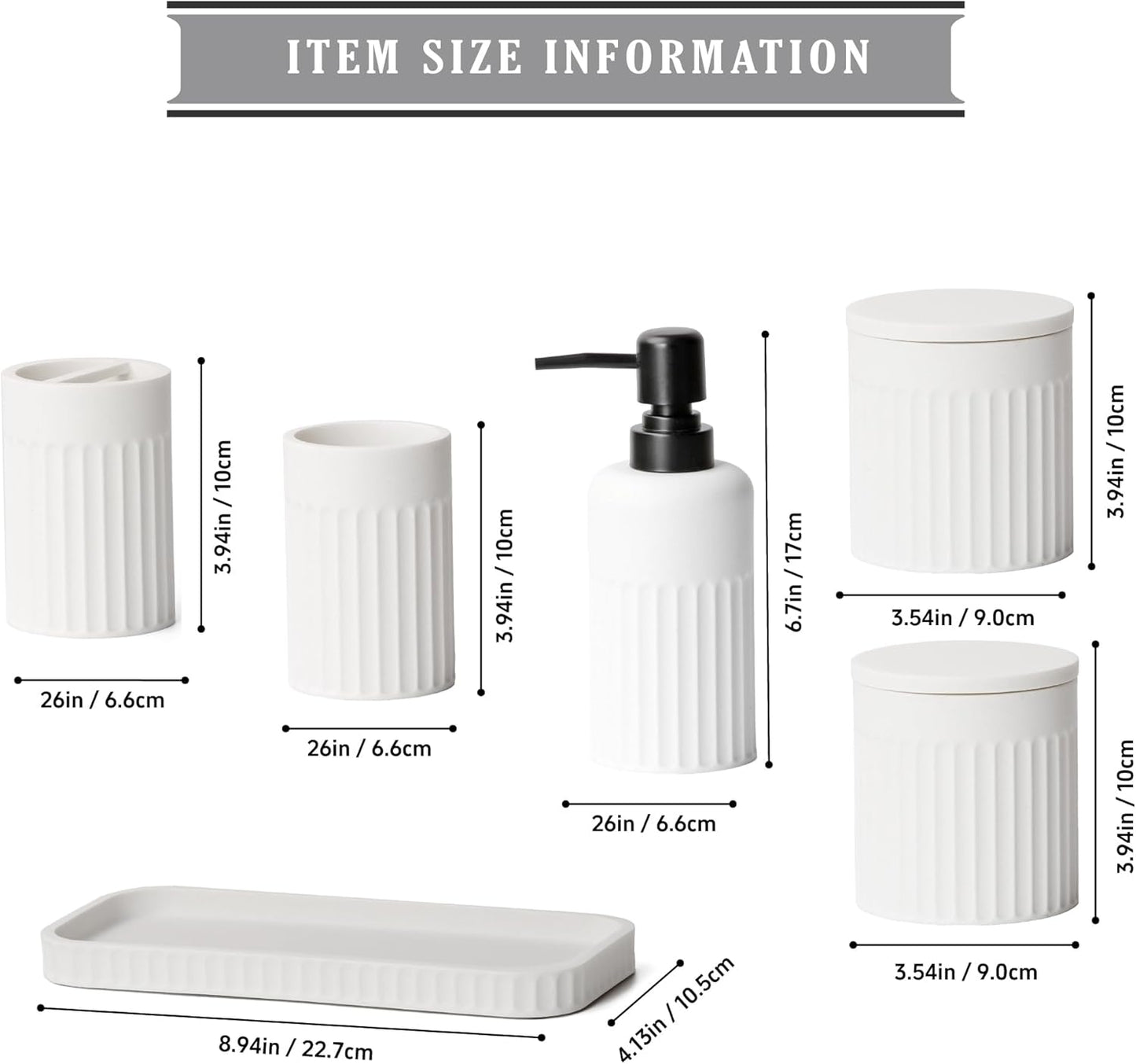 Bathroom Accessory Set - 6 Pieces Bathroom Accessories Set Complete with Soap Dispenser, Toothbrush Holders, Tumbler, Vanity Tray and 2 Qtip Holder for Home Organizer and Decor, White