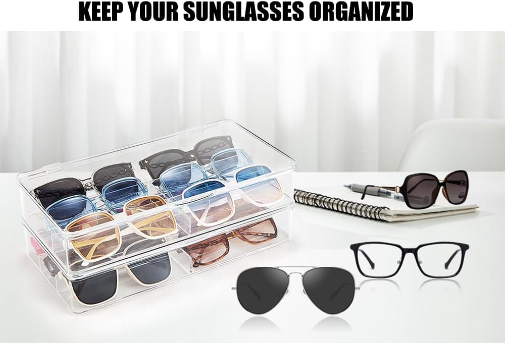 BOPai Acrylic Sunglasses Organizer with Lid, Stackable Glasses Storage Organizer - 2 Pack