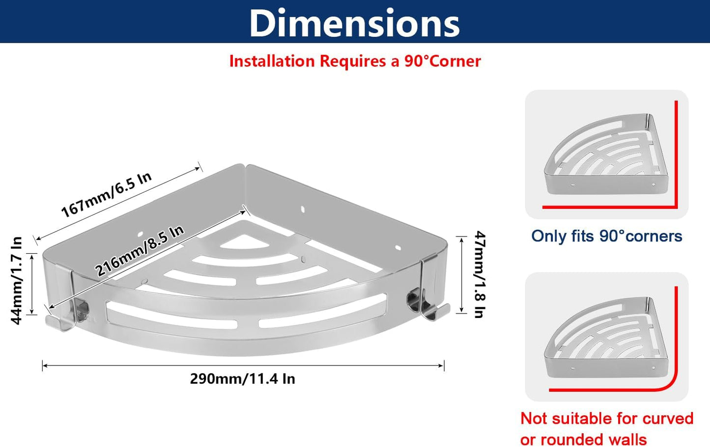 NearMoon Bathroom Shower Caddy 2 Pack, No Drill 304 Stainless Steel Shower Organizer with 2 Hooks (Corner Shelf, Chrome)
