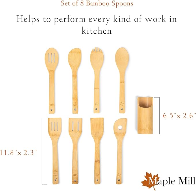 Bamboo Spoons for Cooking - Set of 8 Spoons with Holder - Wooden Cooking Spoons - Non-toxic & Organic Bamboo Cooking Utensils with Spoon Set & Spatula - Premium Kitchen Utensils