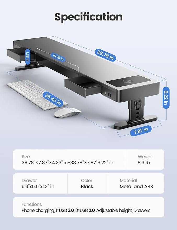 meatanty Dual Monitor Stand with 4 Adjustable Heights, Auto Phone Charging Pad, 4 USB Ports, Computer Riser with Drawers Storage, Metal Double Desk Organizer Lifter Raiser for 2 Monitors Screen Gift