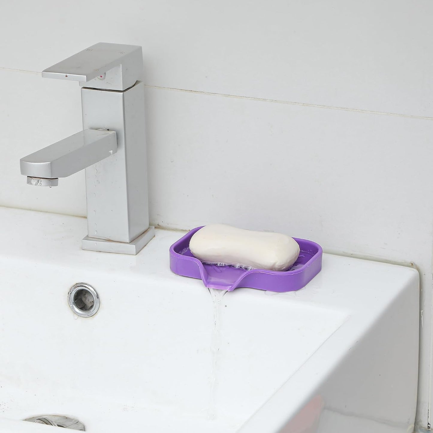 Silicone Bathroom Soap Dishes with Drain Spout-Bathroom and Kitchen Sink Organizer,Sponge Holder,Dish Soap Tray,Perfect for Dispenser,Scrubber,Bottle,Cup on Sink or Counter-Purple 4.9"×3.2"