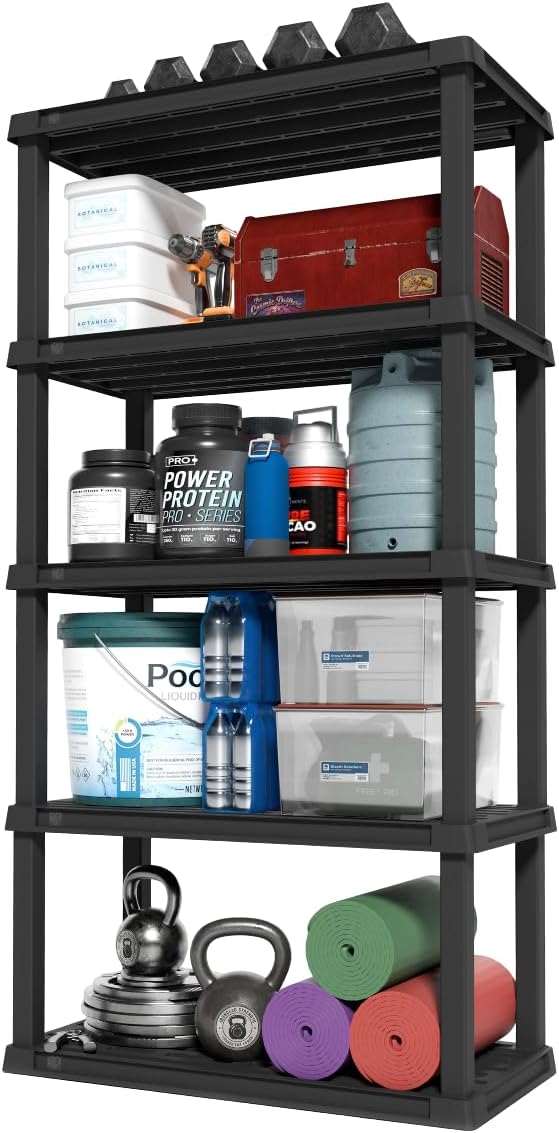 IRIS USA 5-Shelf Heavy Duty Plastic Storage Shelves, 750lb Capacity, 73"H x 36"W x 18"D, Large Modular Shelving Unit Storage Organizer for Garage, Home, Warehouse & Gym, Storage Rack - Black