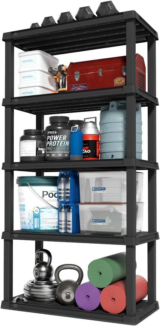 IRIS USA 5-Shelf Heavy Duty Plastic Storage Shelves, 750lb Capacity, 73"H x 36"W x 18"D, Large Modular Shelving Unit Storage Organizer for Garage, Home, Warehouse & Gym, Storage Rack - Black